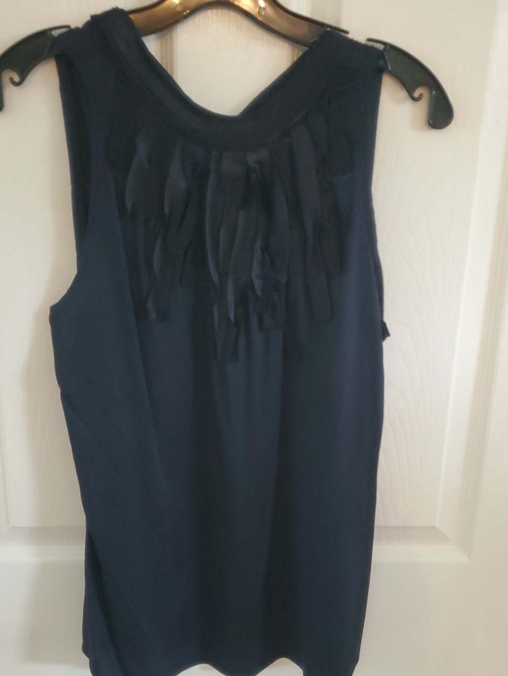 Eli Tahari Sleeveless Navy Fringe Trim Women's Silk Top